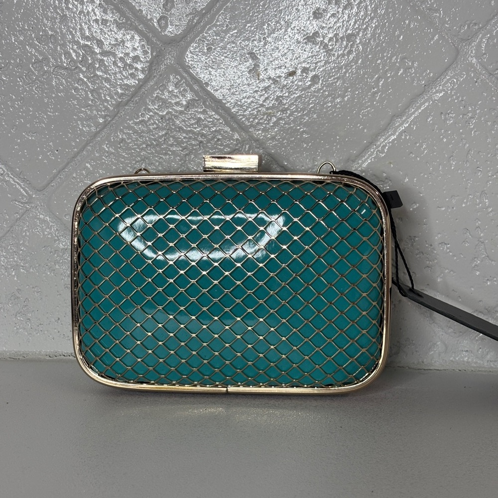 Street Level Turquoise and Gold Grid Clutch